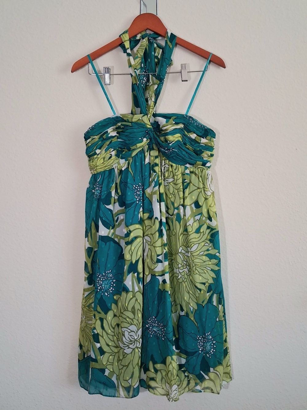 Ann Taylor Teal And Green Silk Halter Dress